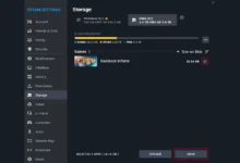 شاشة Storage في Steam تعرض بطاقتَي القرص وزر Move لنقل لعبة مثبّتة
