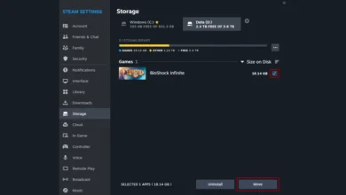 شاشة Storage في Steam تعرض بطاقتَي القرص وزر Move لنقل لعبة مثبّتة