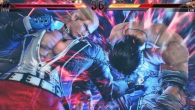 معركة من لعبة Tekken 8 بين مقاتلين مع واجهة اللعبة في الأعلى