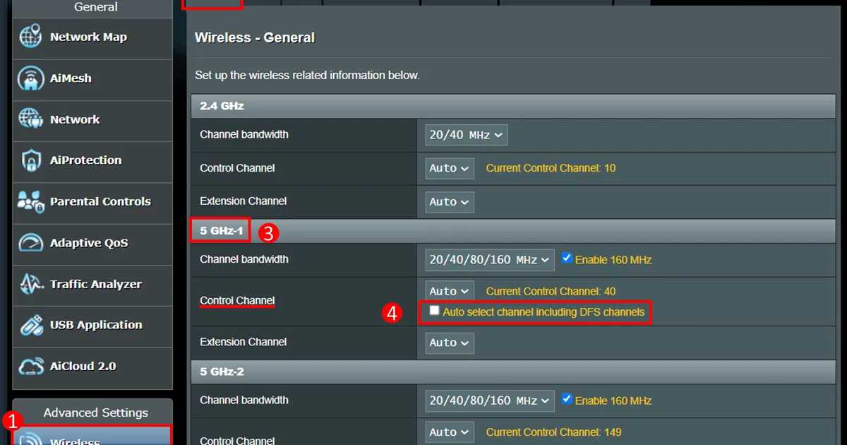 صفحة Wireless - General في راوتر ASUS مع خانة Auto select channel including DFS channels