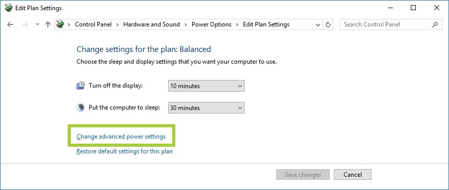 نافذة Edit Plan Settings في ويندوز مع خيار Change advanced power settings